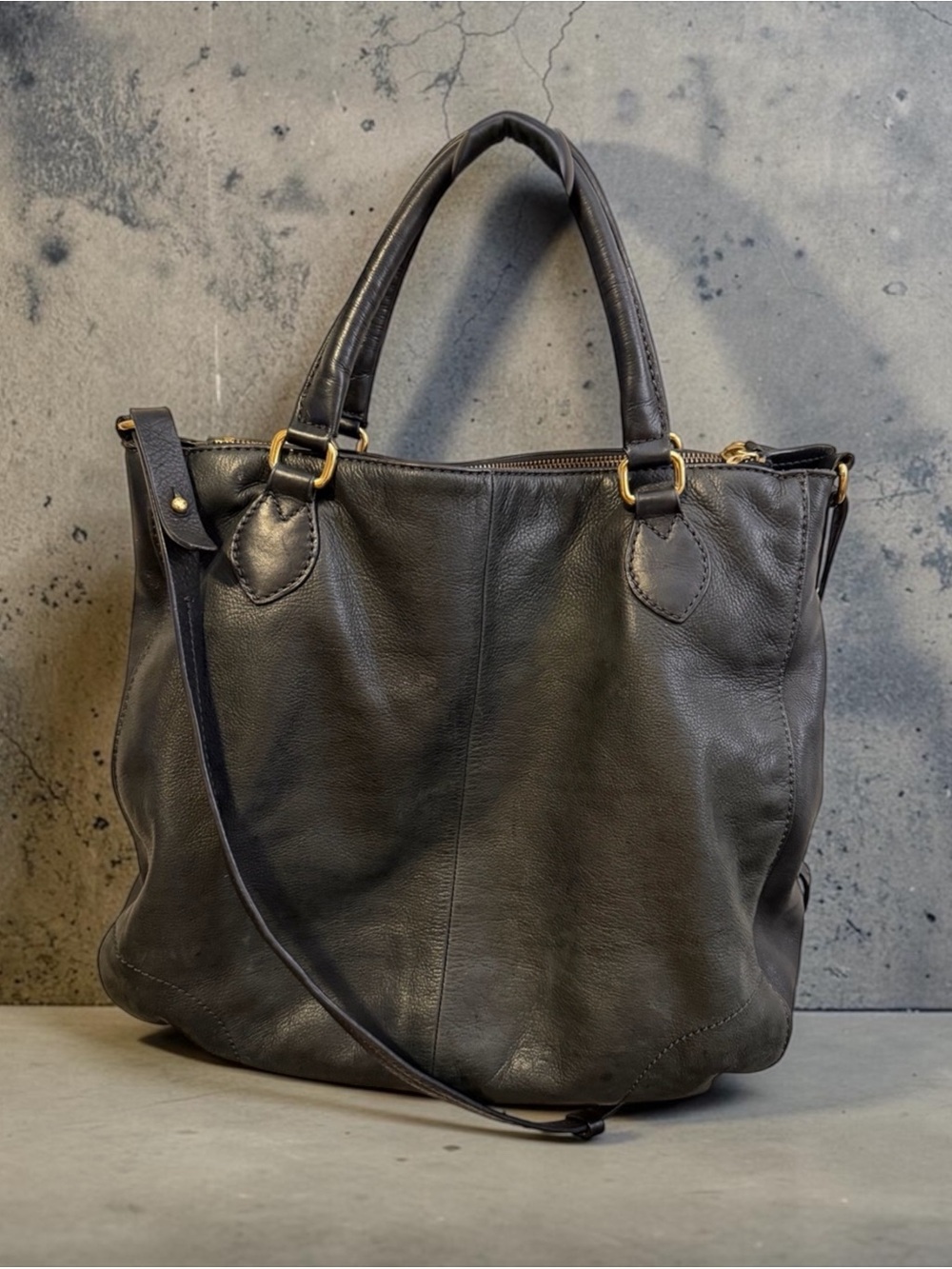 J. Crew SUPER SOFT Black Leather Convertible Tote with Gold Hardware
